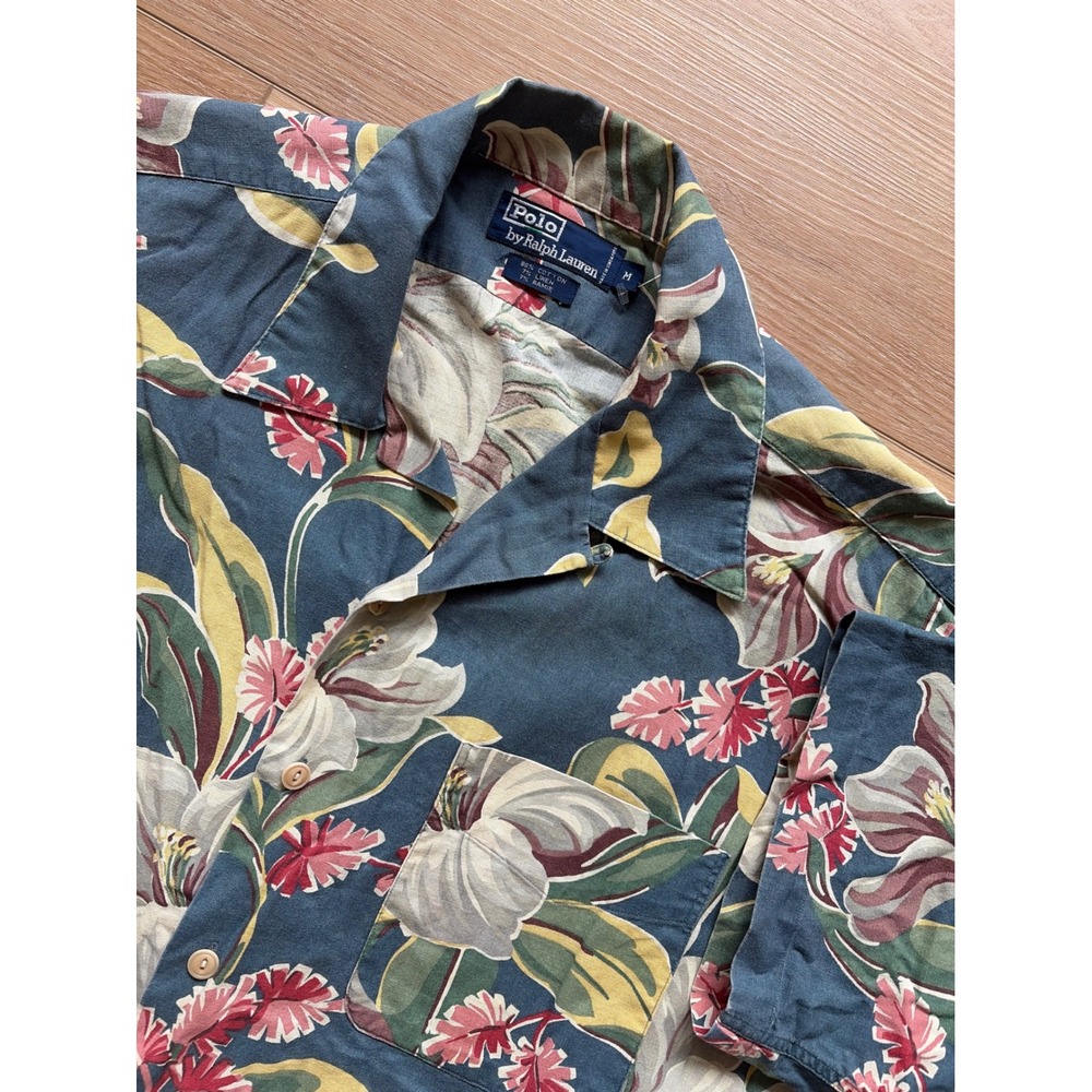 Polo Ralph Lauren Mens Floral Tropical Cotton Linen Ramie Camp Shirt Blue Medium